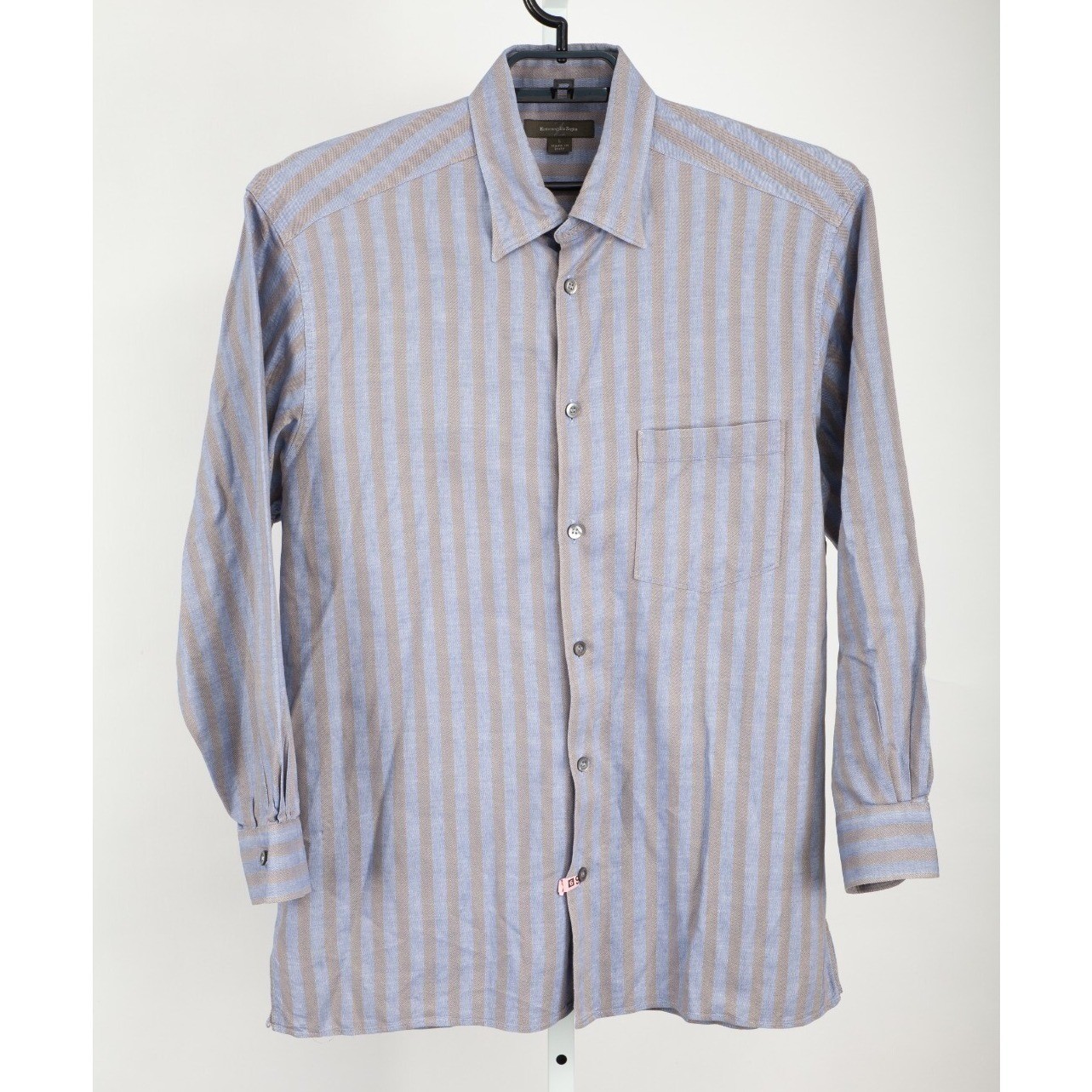 Ermenegildo Zegna Button Down Shirt Mens L Blue Tan Striped Long Sleeve Cotton