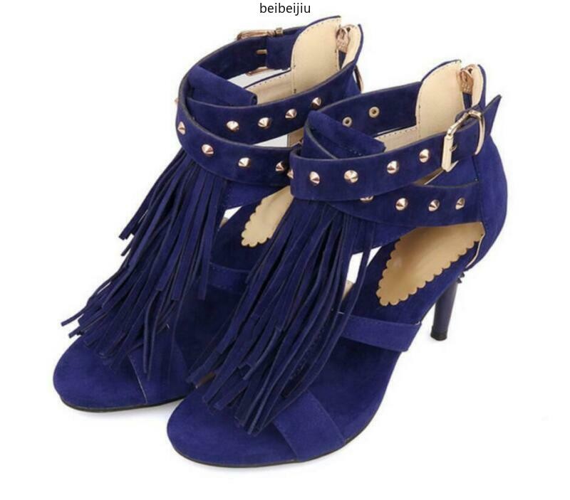 Tassels Rivet Gladiator Women’s Sandals Buckle Shoes Strap High Heel Roma Hot