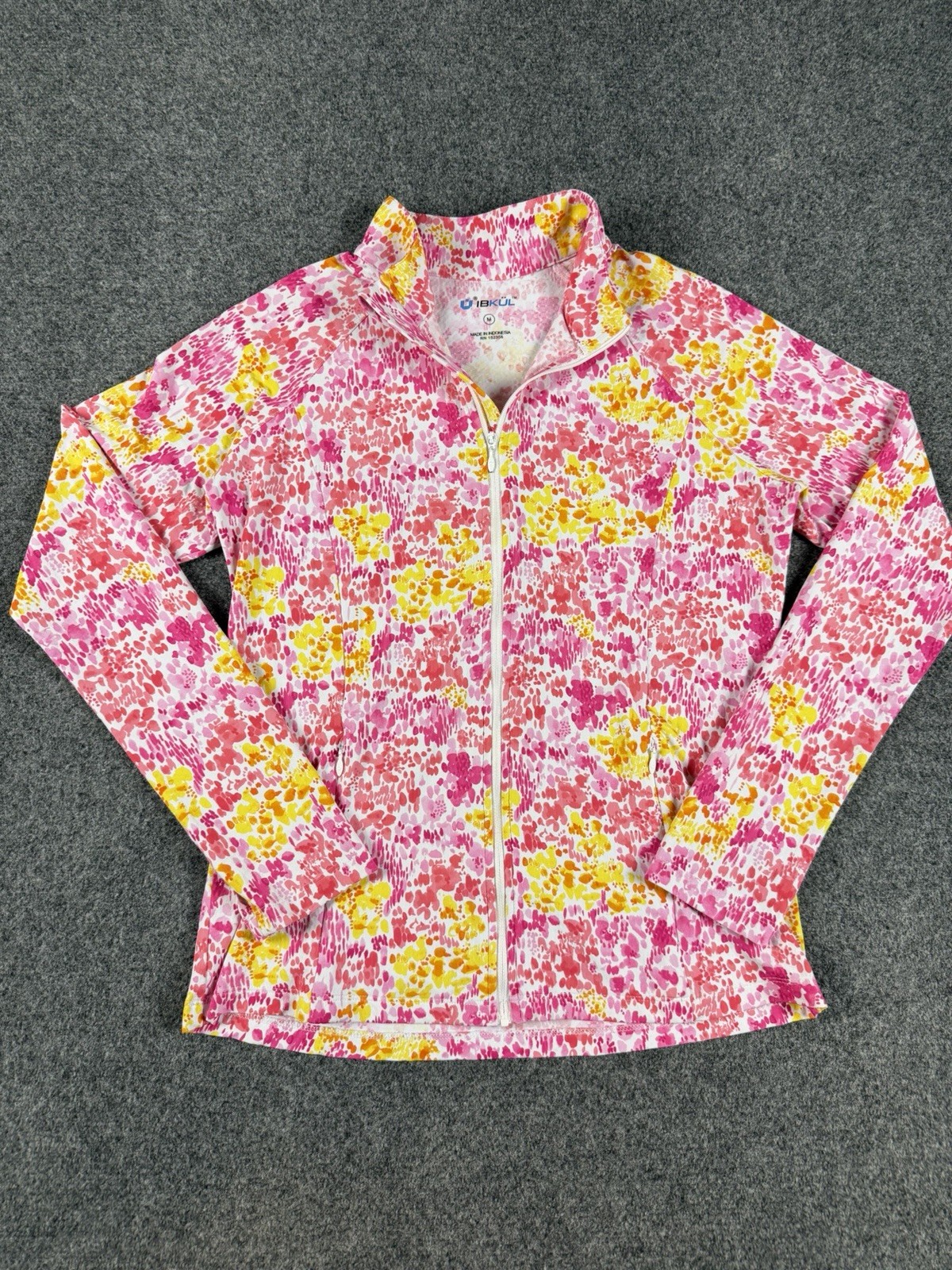 Ibkul Women’s Knit Fabric Jacket Size M Pink Yellow Splash Splatter Athletic