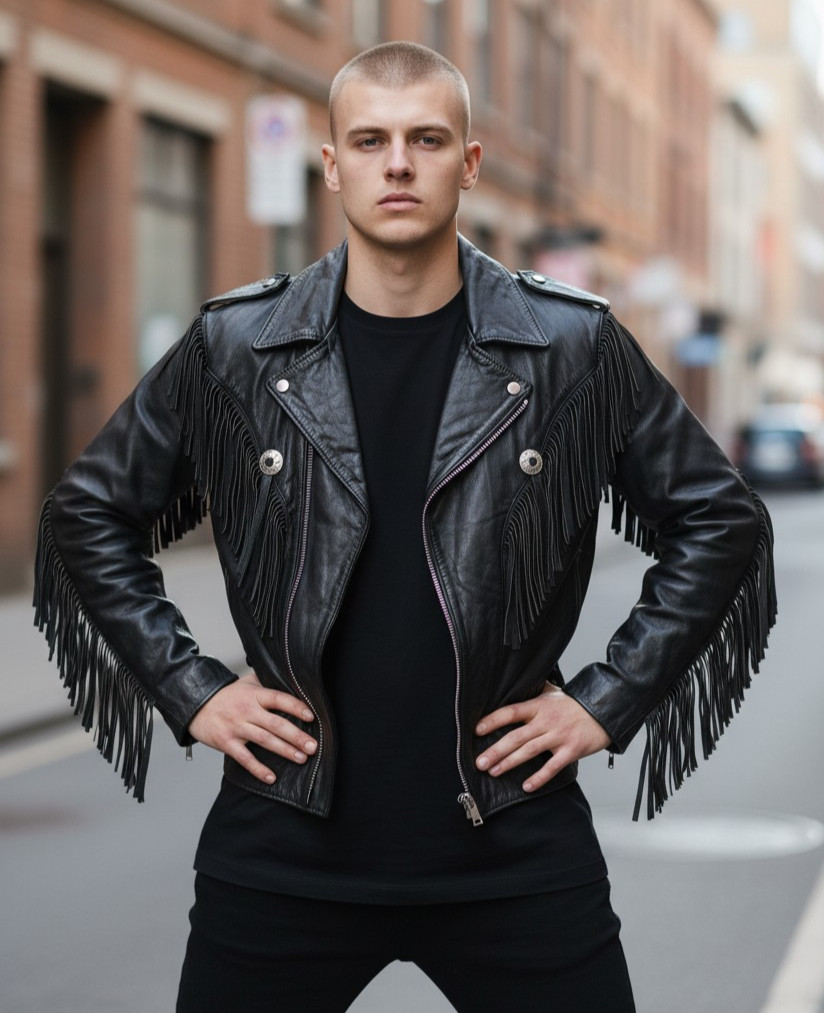 Men’s Real Cowhide Bikers Jacket With Fringes & Conchos Leather Bikers Jacket