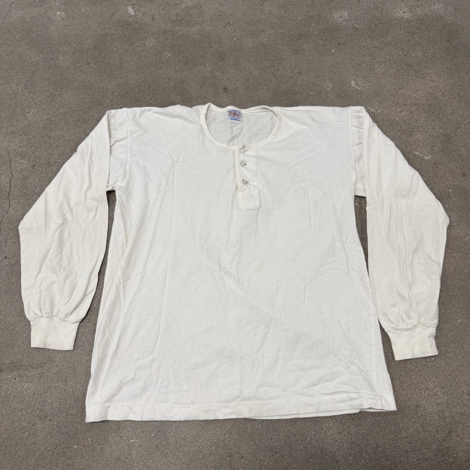 Vtg 60s 70s Race Brand Goldstar Henley T-Shirt Mens 42 white long sleeve