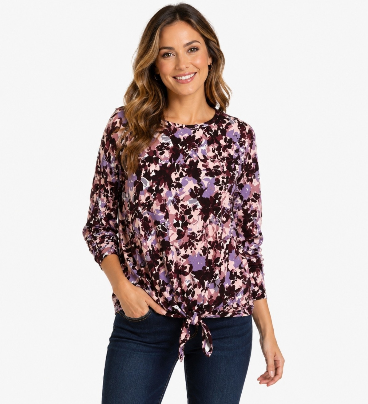 Cupio Women’s Floral 3/4 Sleeve Knit Top Size L Pink Purple Black Stretch Blouse