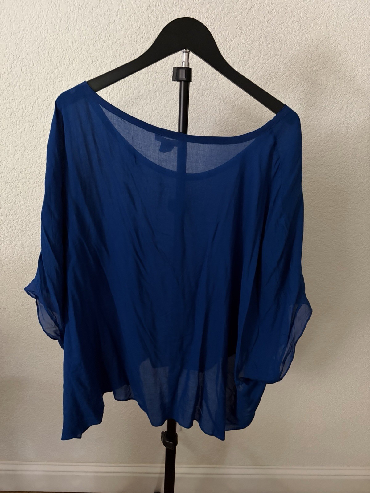 Helmut Lang Blue Sheer Chiffon Blouse L 3/4 Sleeve Scoop Neck Pullover SW-TP0572
