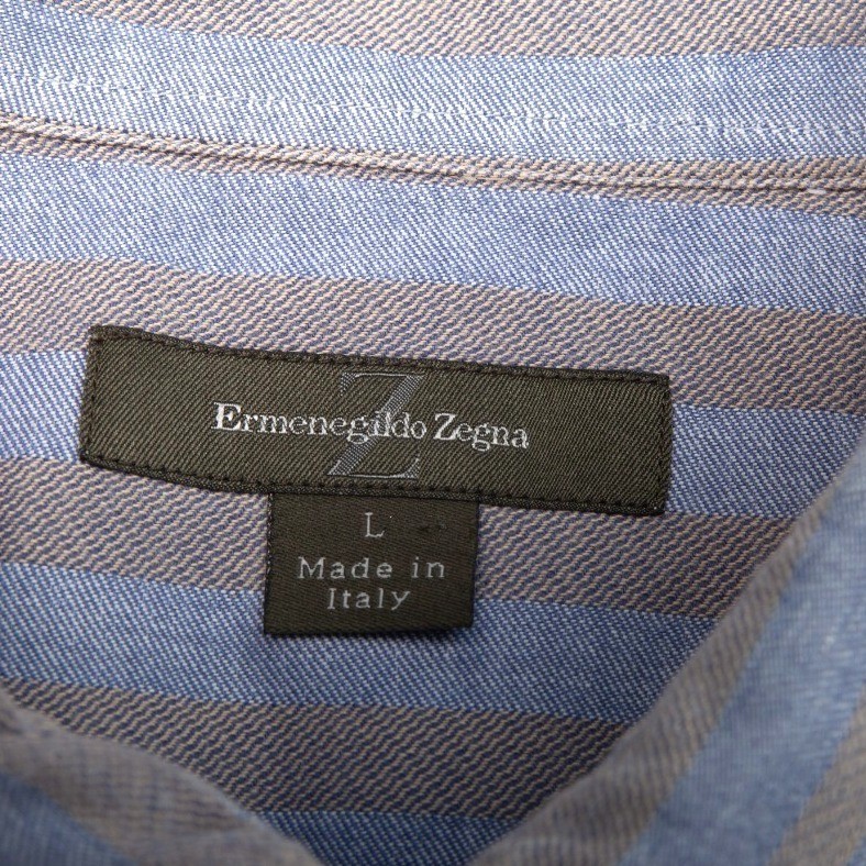 Ermenegildo Zegna Button Down Shirt Mens L Blue Tan Striped Long Sleeve Cotton