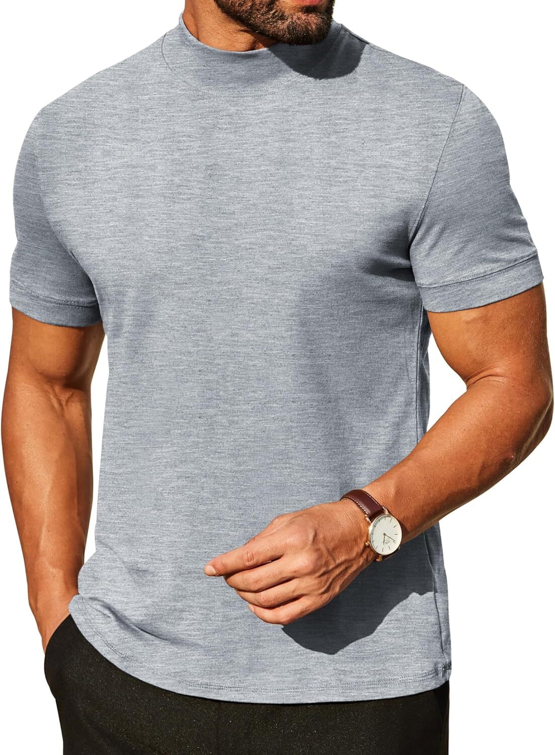 Mens Premium Cotton Short Sleeve Mock Turtleneck Half Neck Basic Tee Casual Fit