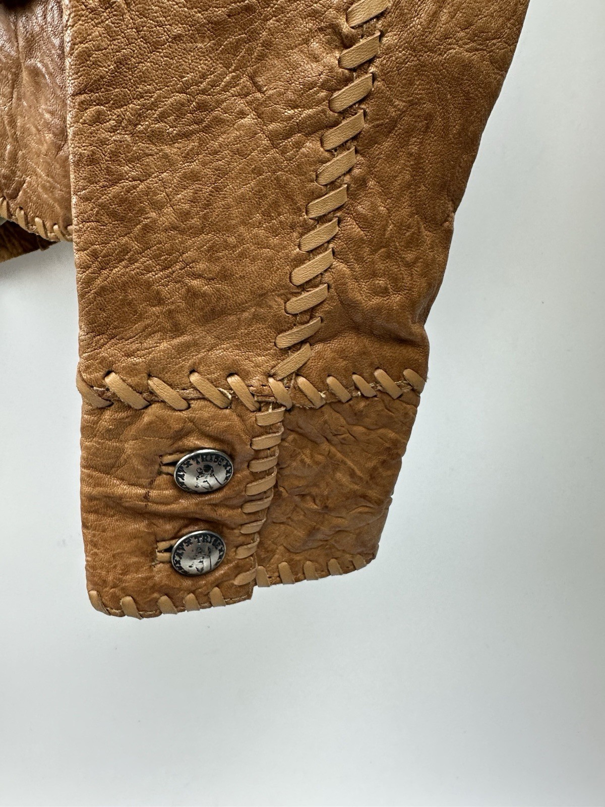 My Tribe Jacket Orange Thick Leather Whipstitch Lined Metal Button Small USA S