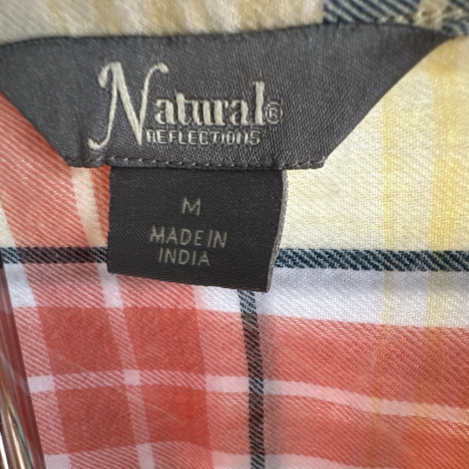 Natural Reflections Women’s Plaid Button-Up Collared Cotton Shirt Pink Yellow M