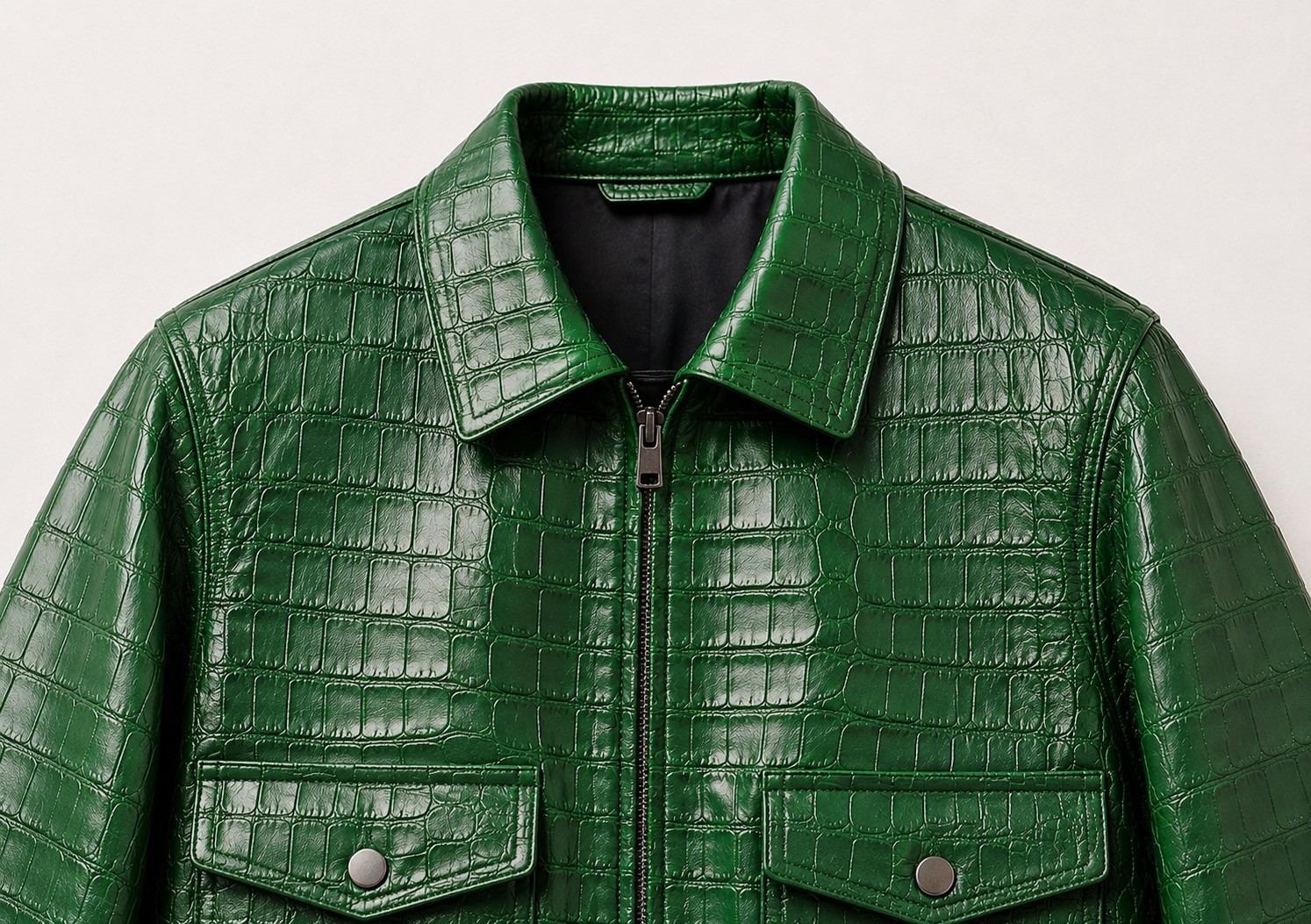 Men’s Green Croc Embossed Leather Bomber Jacket Zip Up Casual Luxury Coat