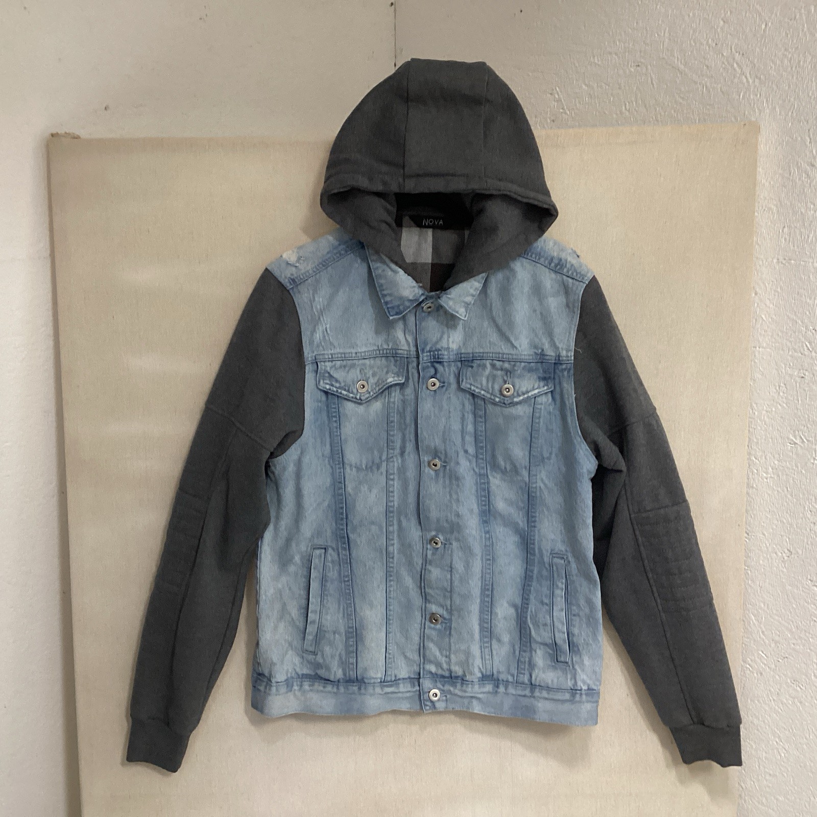 nova industries men’s L jean jacket hooded distressed button up knit hood sleeve