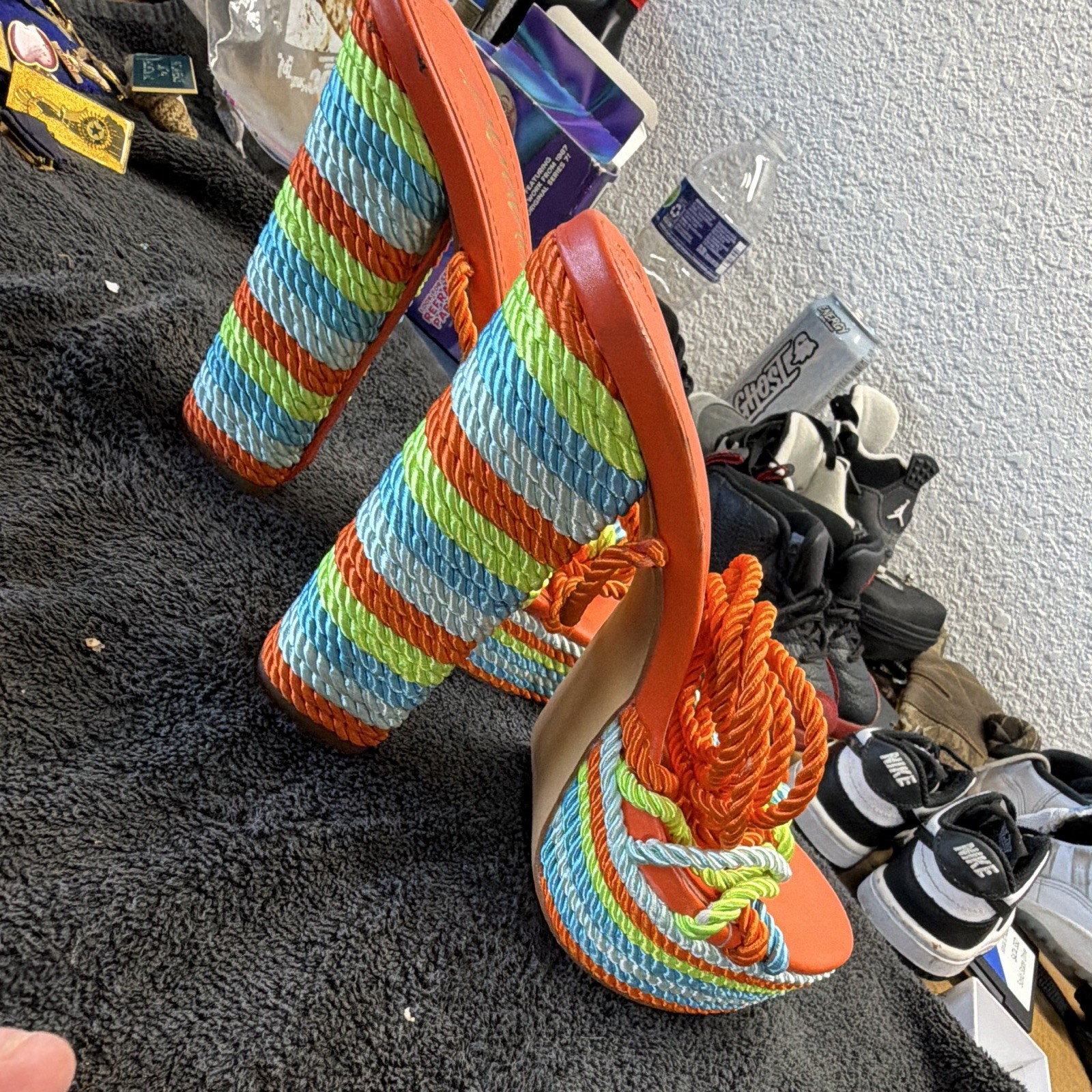 LiLana Women’s Orange Multi Rope Strappy Open Toe Striped Block Heel