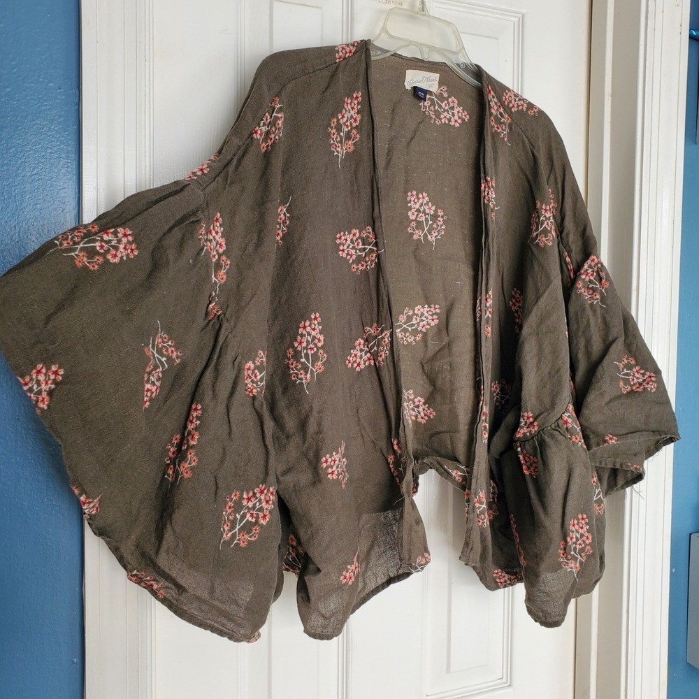 Linen Blend Cropped Kimono Cardigan Olive Green Floral Print Cottage Boho OSFM