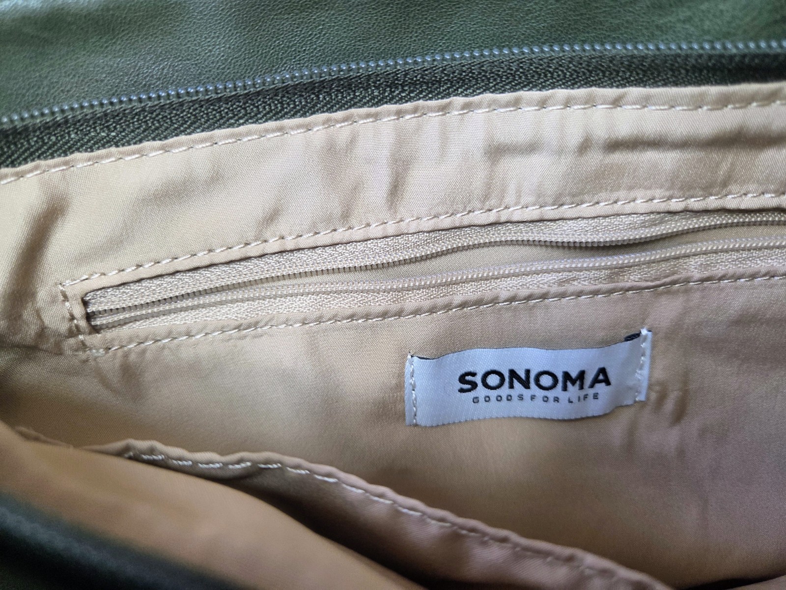 Sonoma Goods For Life Olive Green Mini Tote Zip Inner Pockets Detachable Strap