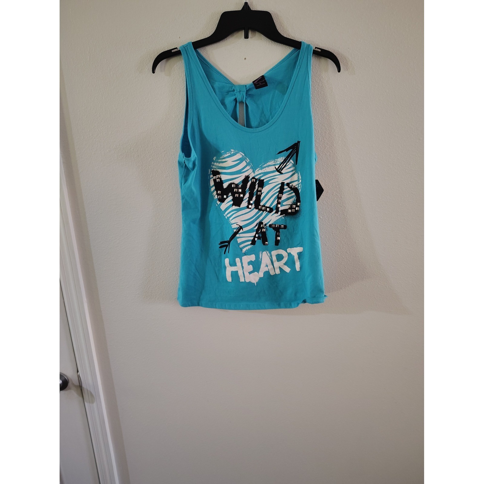 Decoded Womens Wild At Heart Graphic Tank Top Blue Studded Bow Back XL NWT
