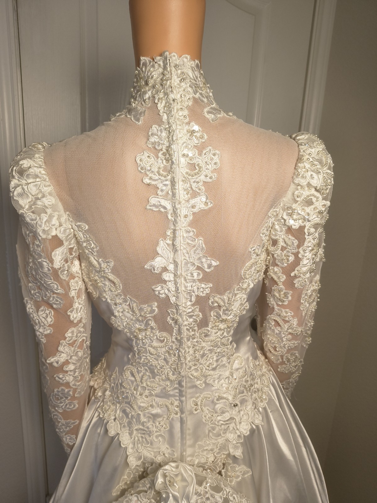Vintage Victorian High Neck Wedding Dress Satin Lace 80s 90s Size 8 Mori Lee -43