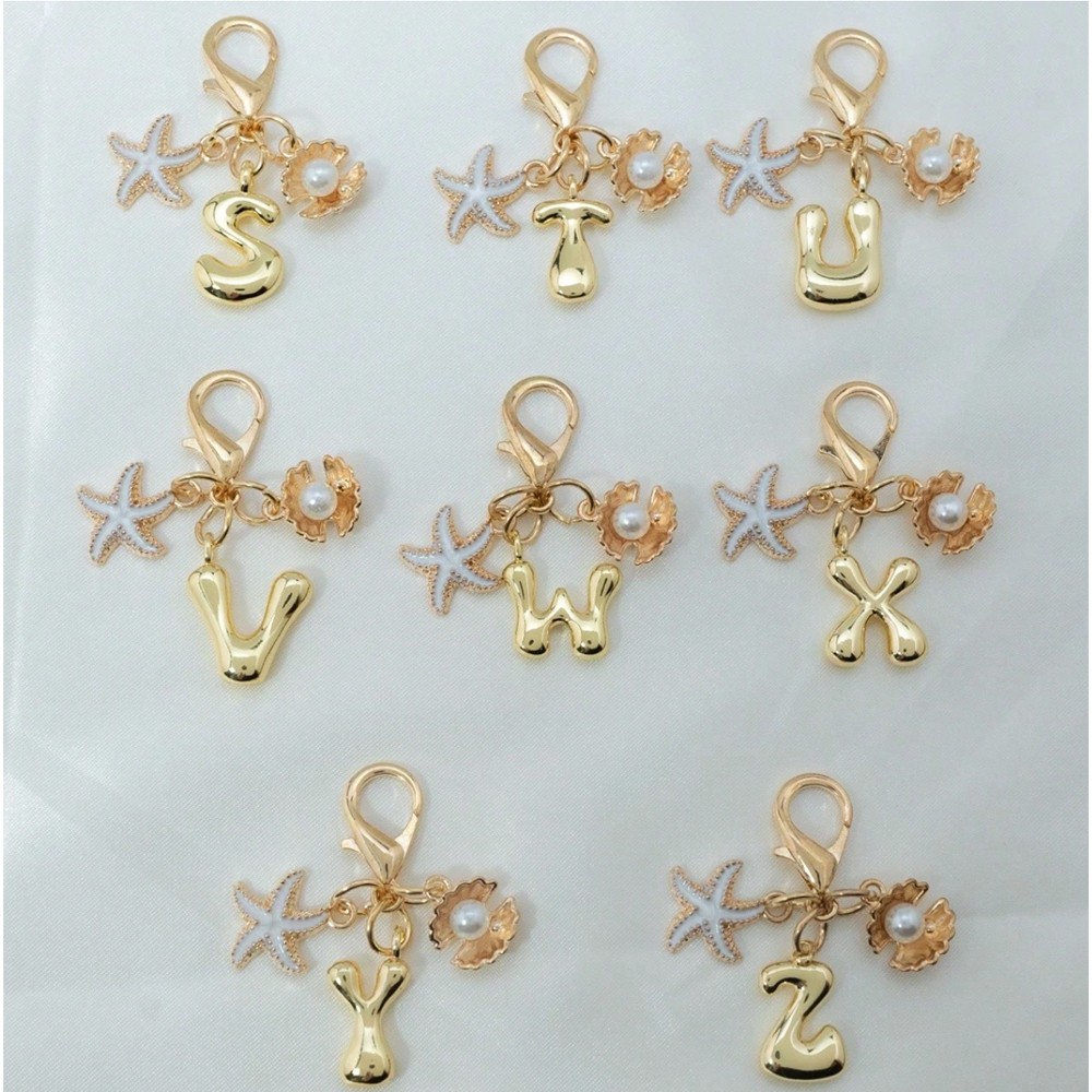 1PCS A-Z Gold Bubble Alphabet Keychain Starfish Shell Bag Charm Gift for Women