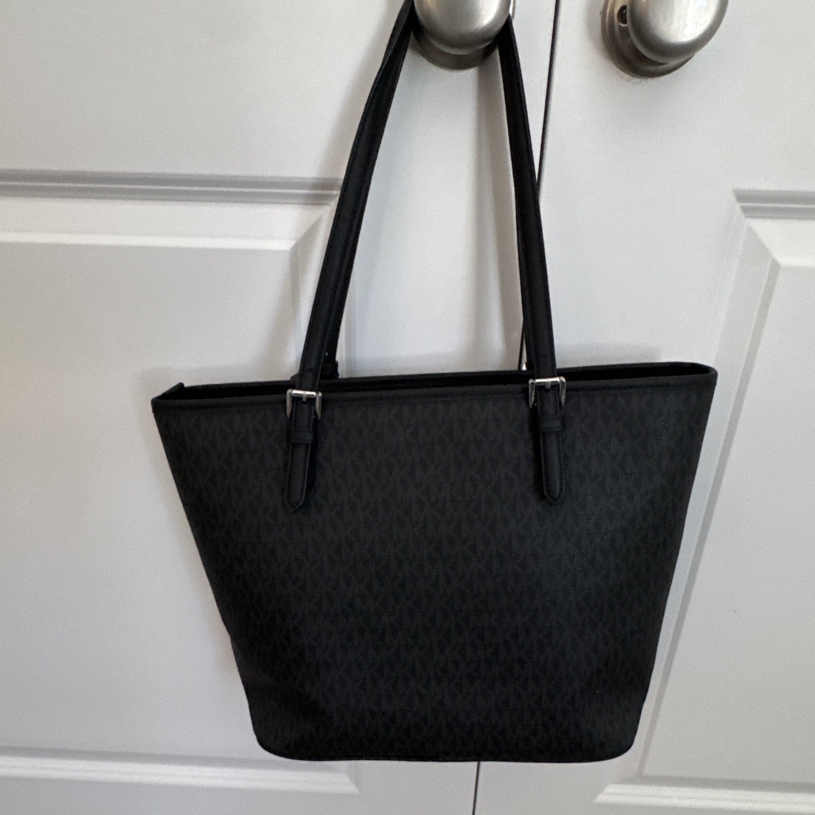 Michael Kors Black Logo Tote Bag Zip Top, Inner/Outer Pockets, Charm, Silver