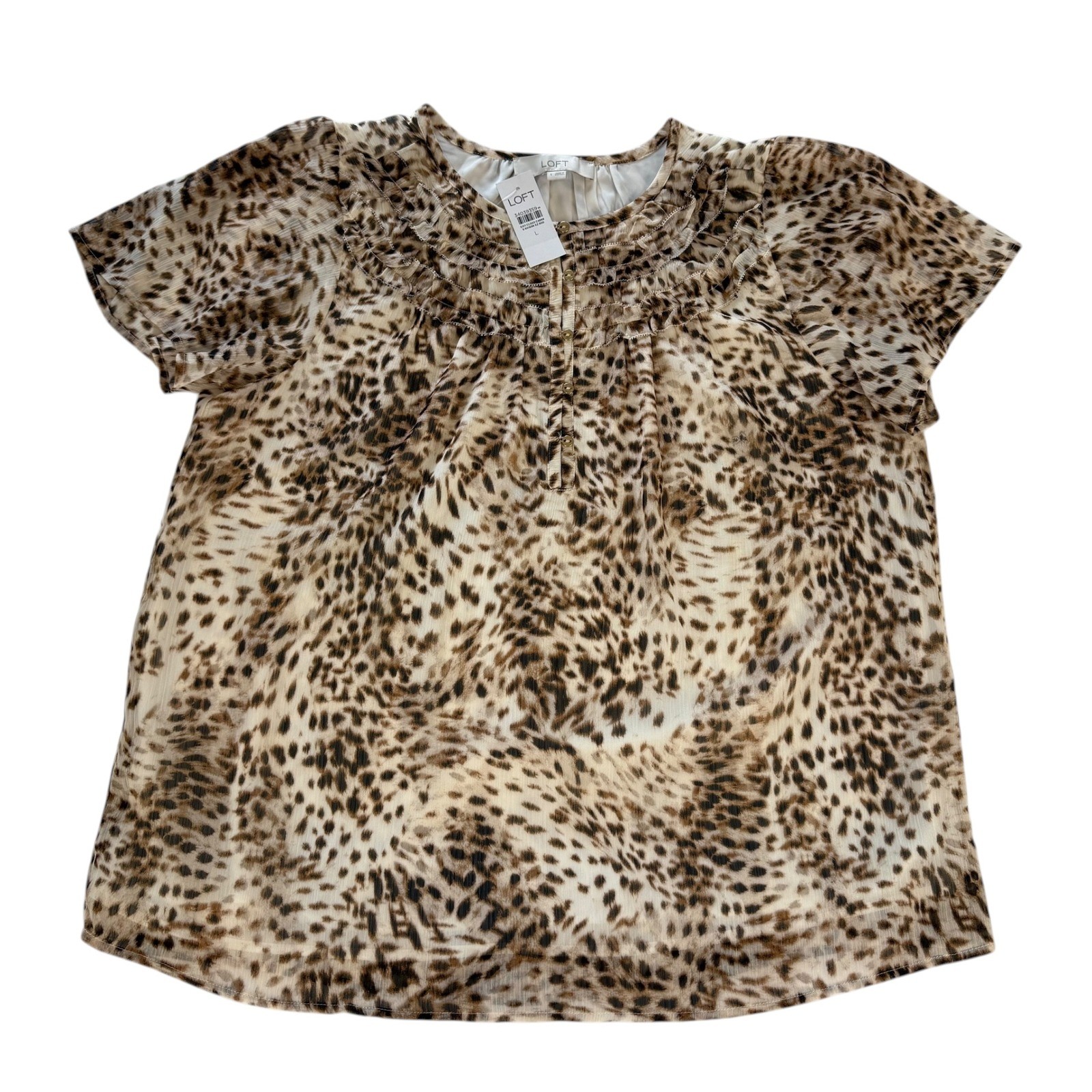 LOFT Leopard Print Ruffle Neck Button Front Chiffon Blouse Brown Large NWT