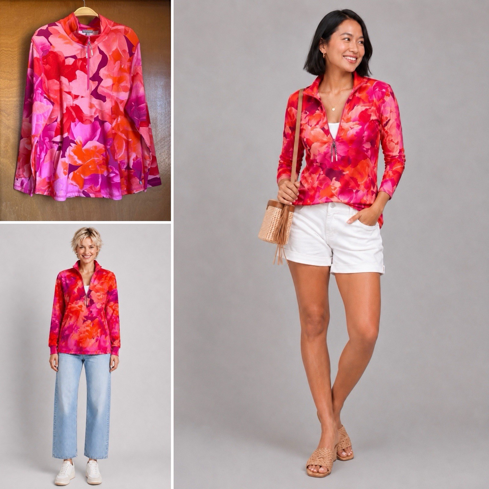 Talbots Classic French Terry Stretch Half Zip Pullover XL P Bright Pink Floral