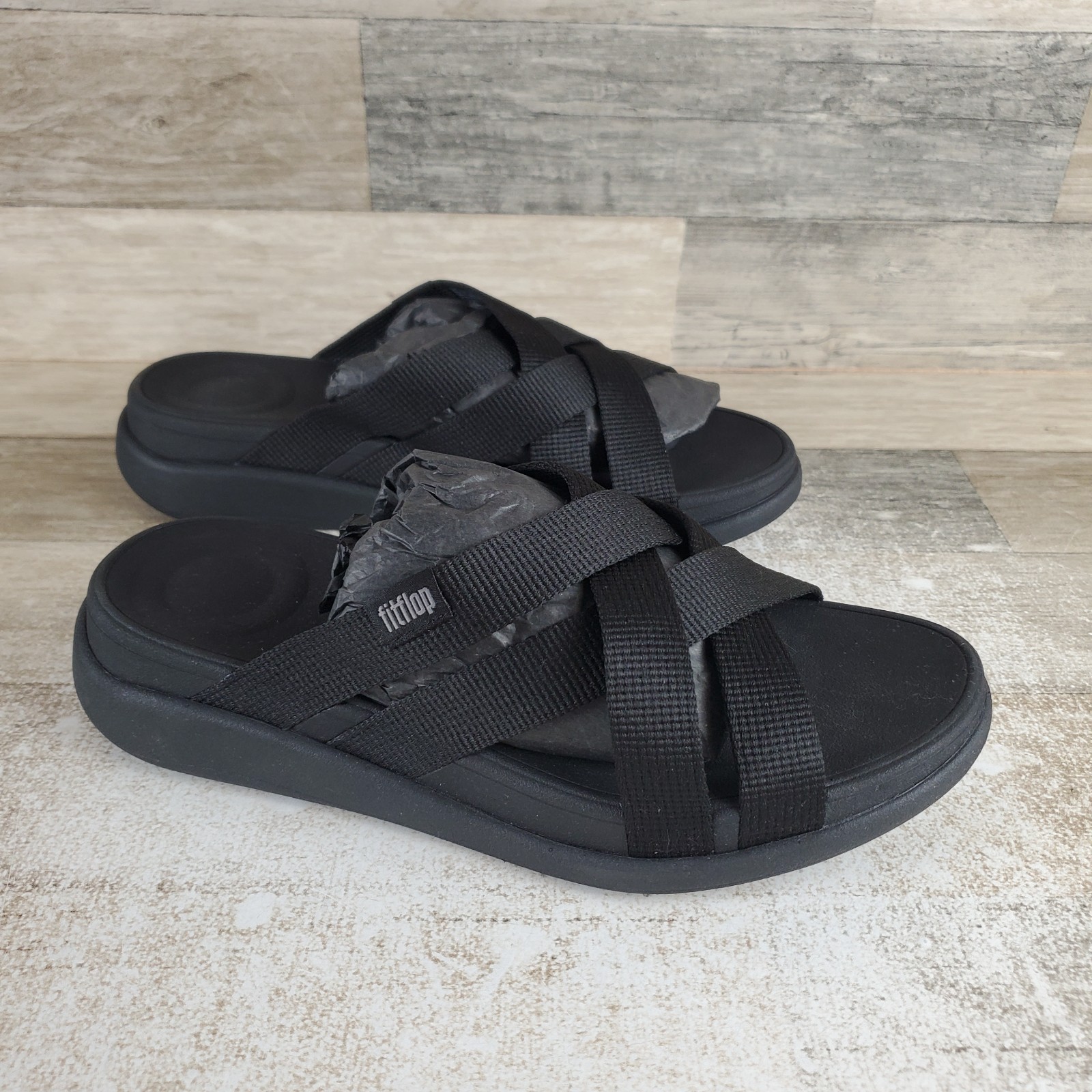 FitFlop F-Mode Go Webbing Womens Slides Sandals Sz 9 Black Flatform Slip On