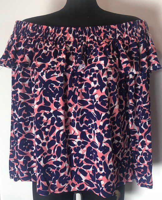 Leota Aurora Off the Shoulder Blouse Pink Blue White Peasant Top USA Large L