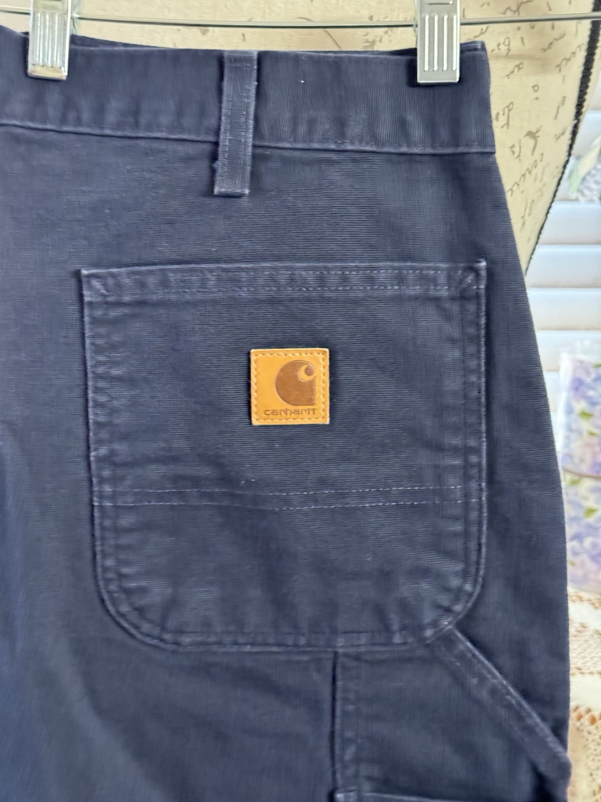 CARHARTT MENS 36X30 NAVY COTTON DENIM CARPENTER PANTS, FLAT FRONT, SLANT POCKETS