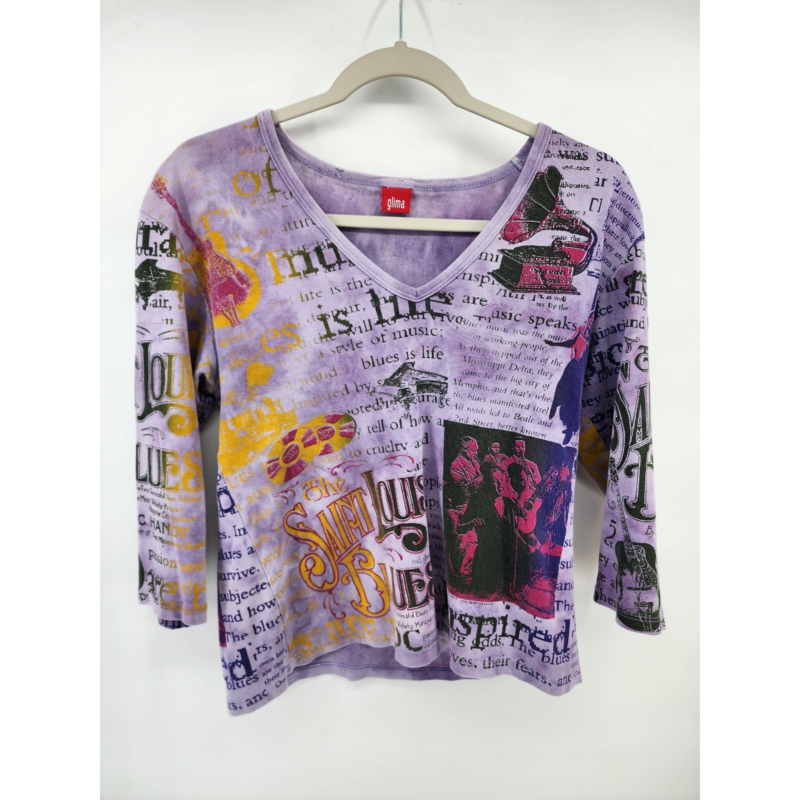 Glima Womens Purple Acid Wash Saint Louis Blues Graphic V-Neck 3/4 Sleeve Top