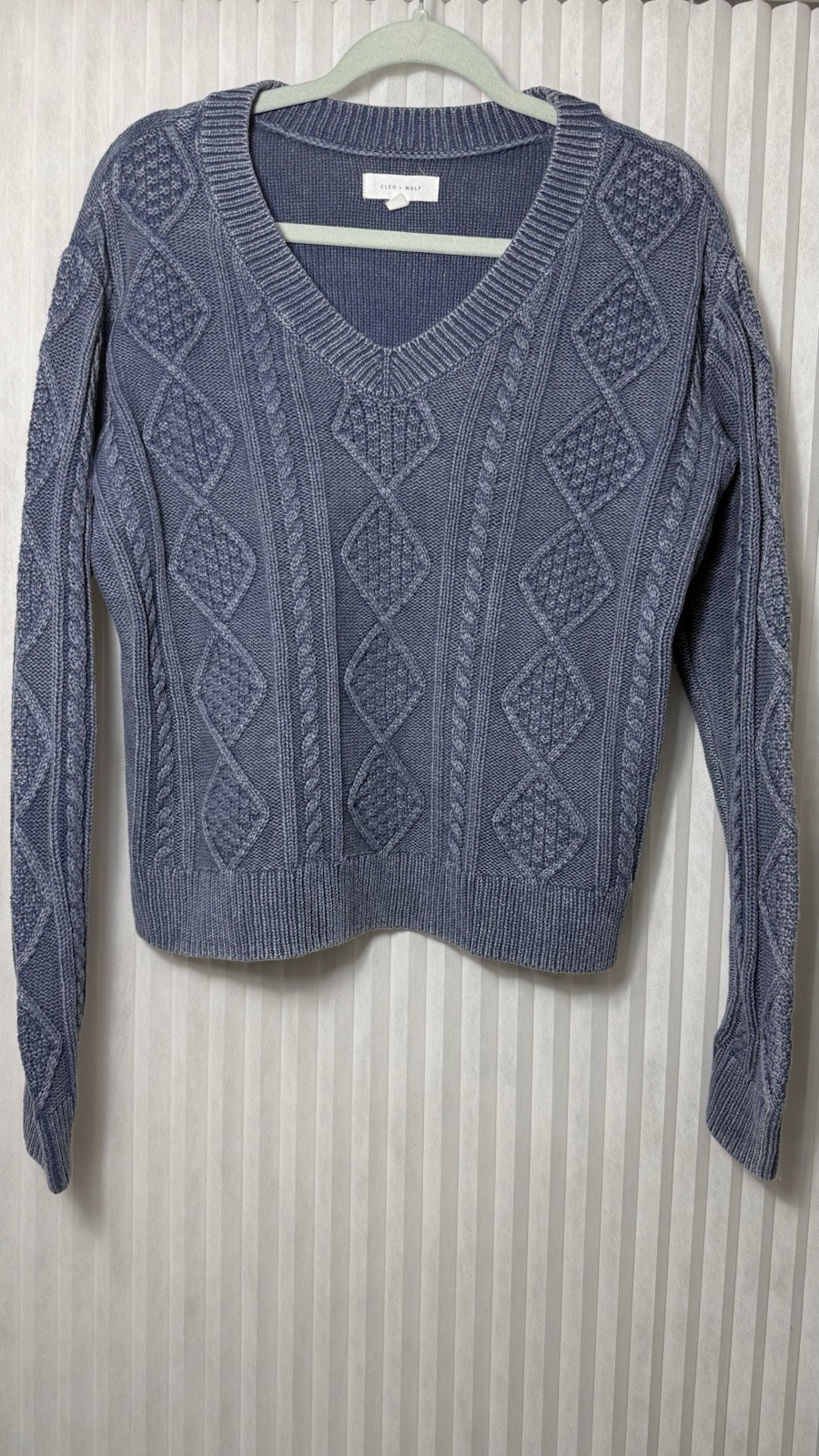 Cleo + Wolf Clark Navy Acid Wash Chunky Cable Knit Pull Over Sweater Woman Small