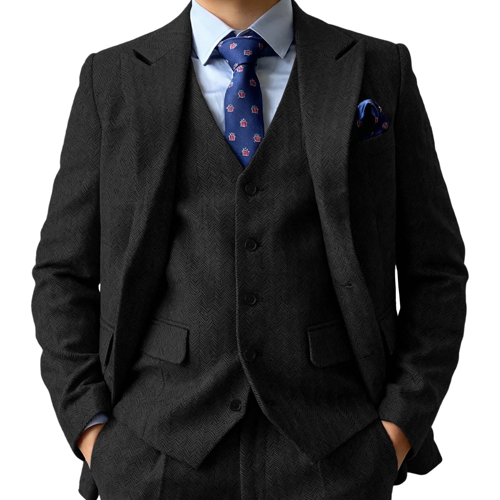 ANSHUHAI Men’s 3Pcs Retro Tweed Suit Herringbone Suit Blazer+vest+Pant XS-3XL