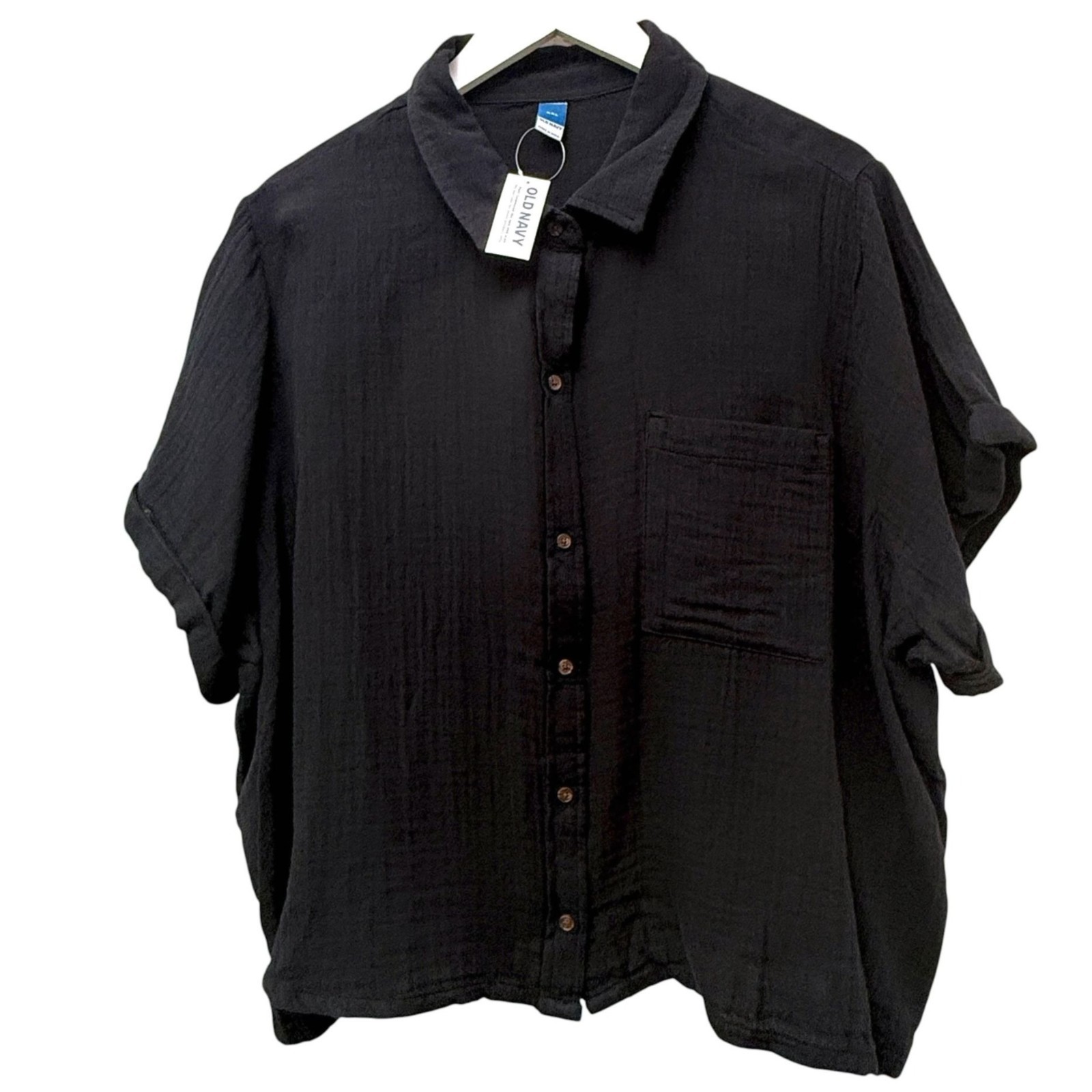 Old Navy Womens Camp Shirt XXL Black Cotton Gauze Button Up Short Sleeve NWT