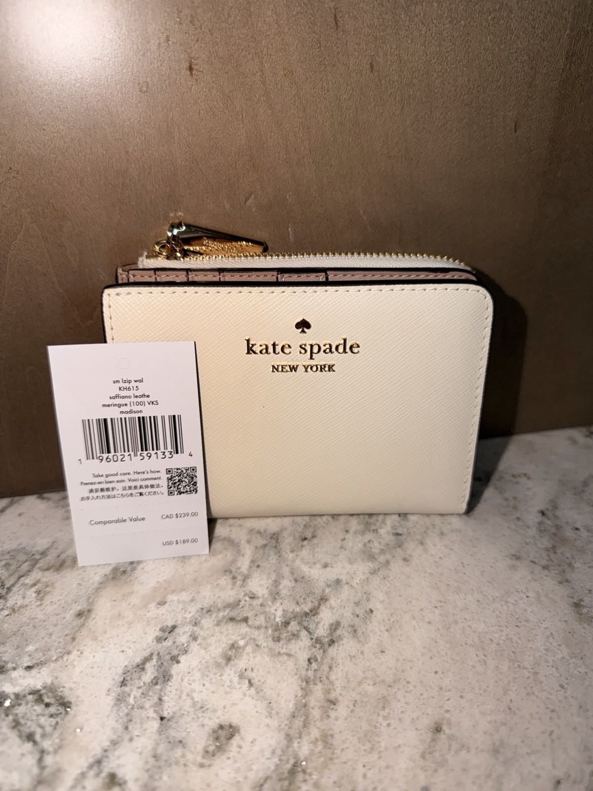 Kate Spade KH615 Madison Small L Zip Wallet Saffiano Leather Meringue
