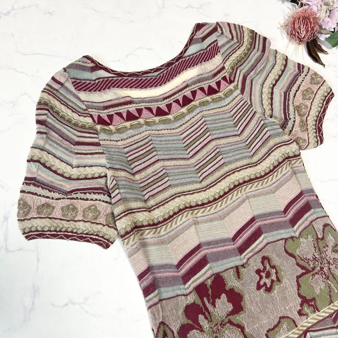 M.&KYOKO Multicolor Jacquard Knit Knee Dress Striped Floral Geometric Auth