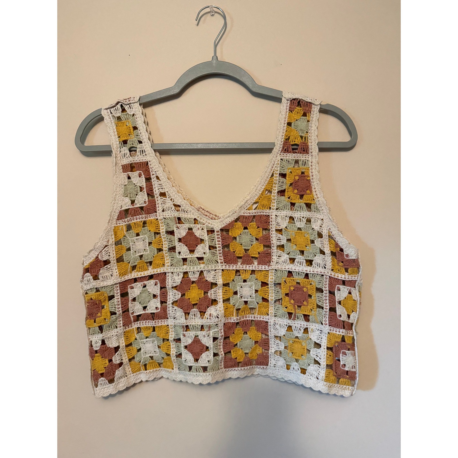 Granny Square Crochet Crop Tank Top Multi Color Boho S/M