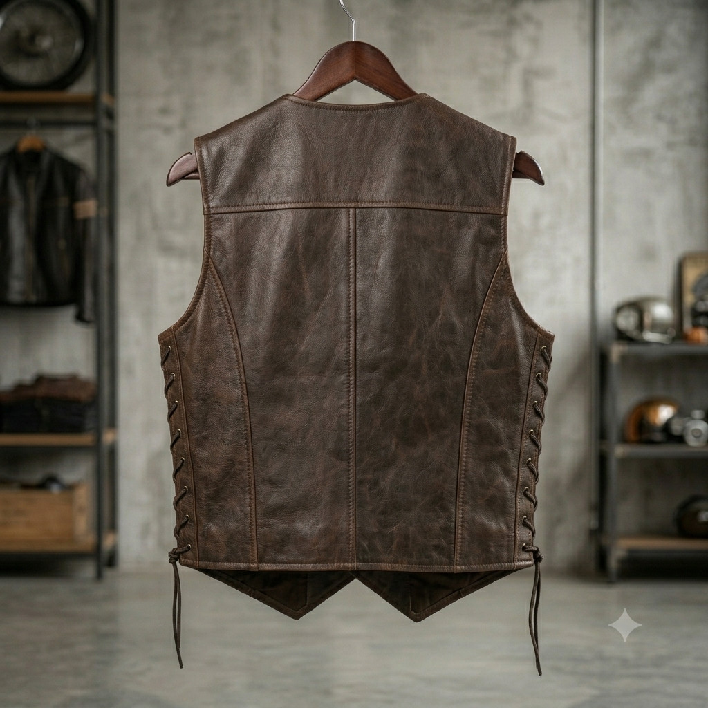 Men’s Distressed Brown Leather Biker Vest – Vintage Motorcycle Western Waistcoat