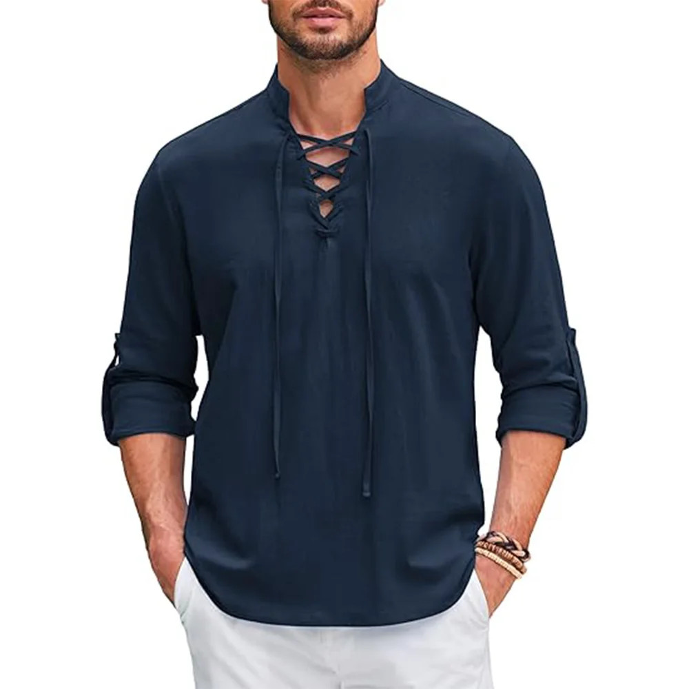 Men’s Renaissance Pirate Medieval Viking Cotton Linen Long Sleeve Shirt Summer