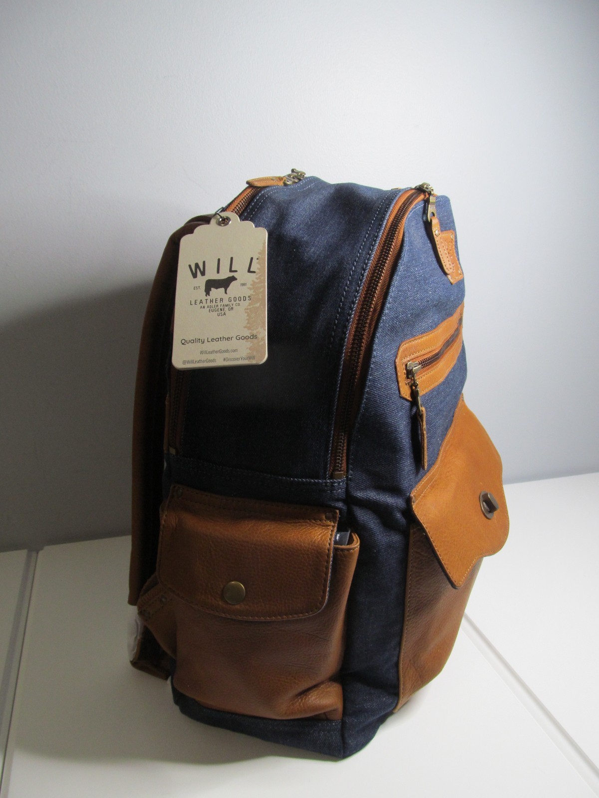 Will Leather Goods Eugene, OR Denim/Tan Leather & Canvas 15″ Laptop Backpack-NWT