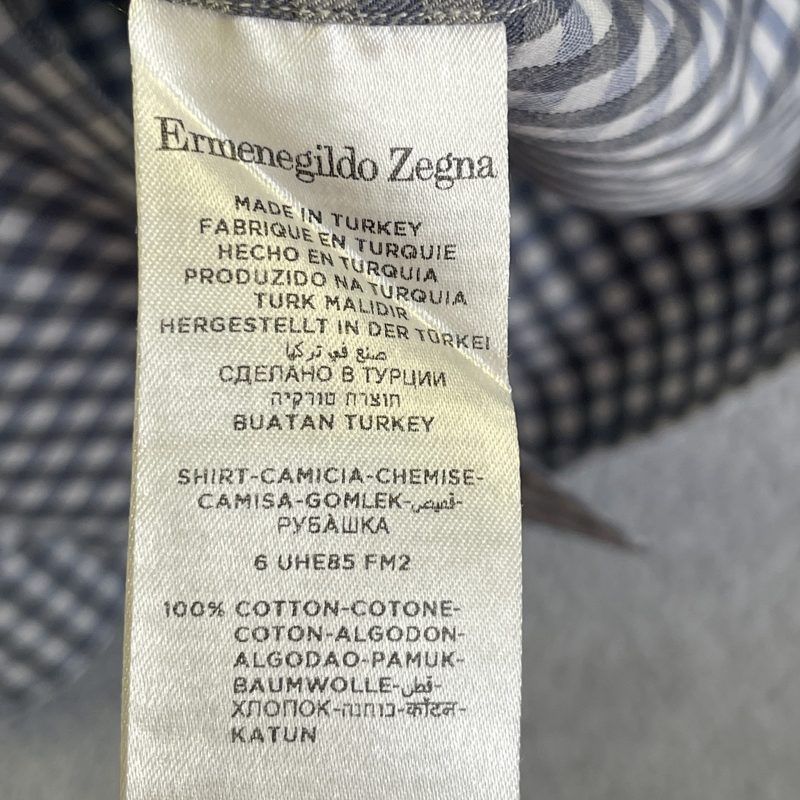 Zegna Men’s Blue Gray Gingham Button Up Shirt Size Large Cotton Long Sleeve
