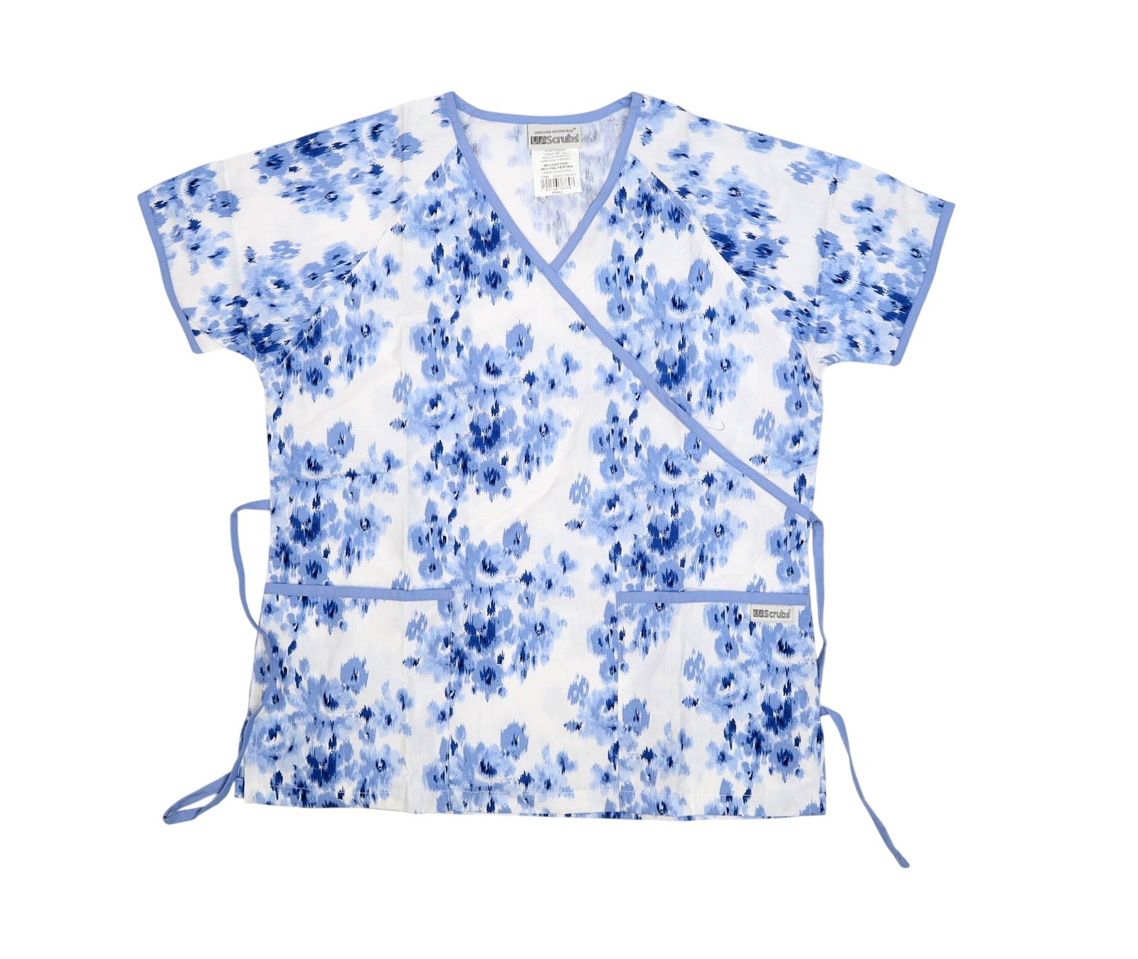 UA Scrubs Scrub Top Womens Small Blue White Floral Wrap V Neck Pockets Medical