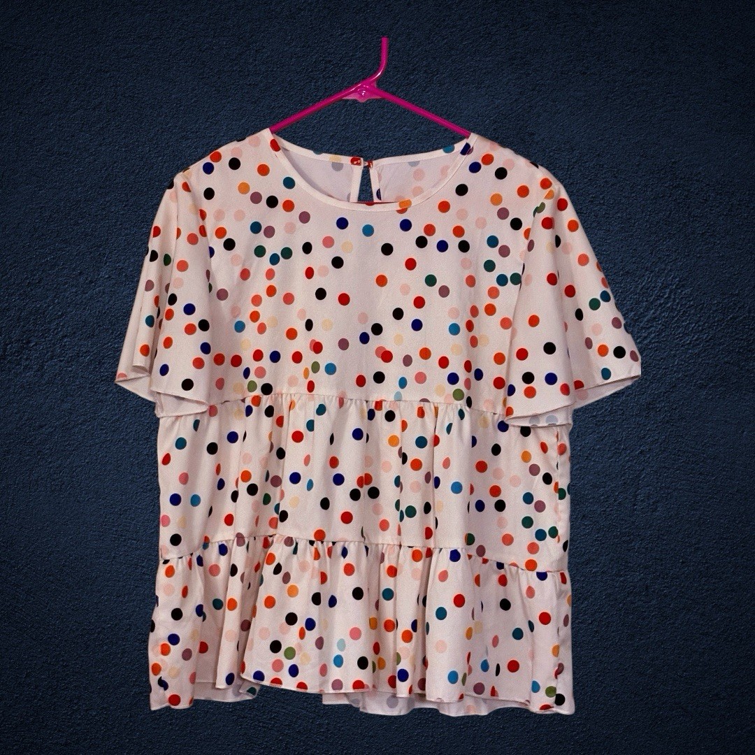SheIn White Multicolor Polka Dot Round Neck Ruffle Flutter Sleeve Blouse L