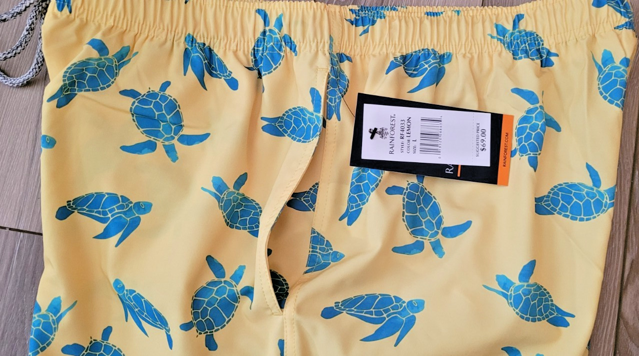 RainForest Mens Swim Trunks Shorts L Pull-On Stretch Waist Lined Turtles Yellow