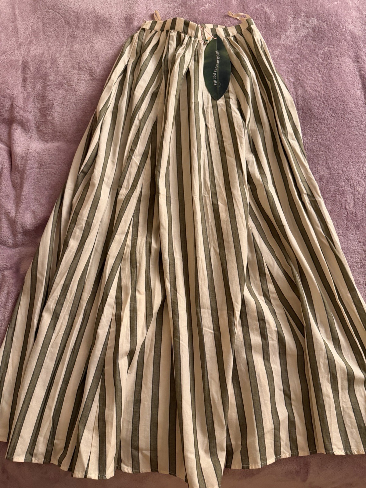 FARM Striped Pleated Long Skirt Beige/Green Cotton Woven Zip Women Size XS