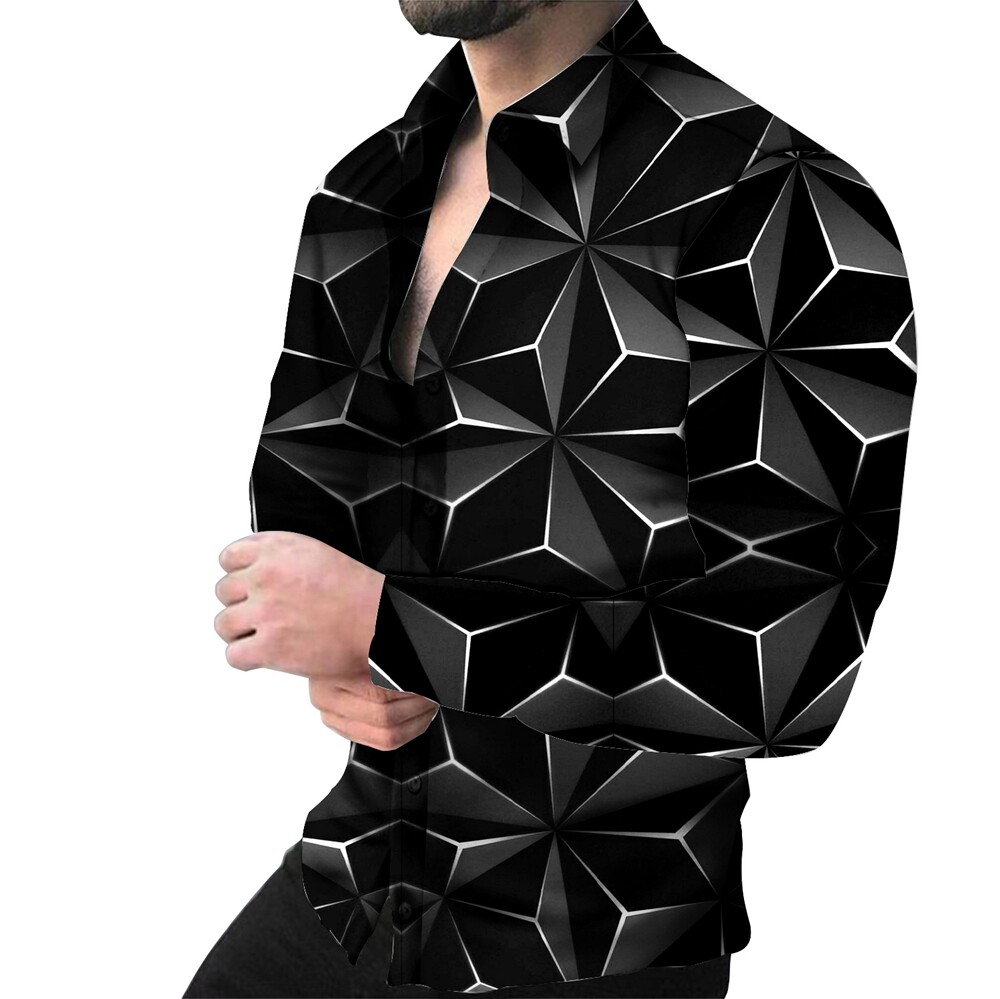 Camisa Botones Hombres Vestido Moda Manga Larga Fiesta Contraste Negro Plateado