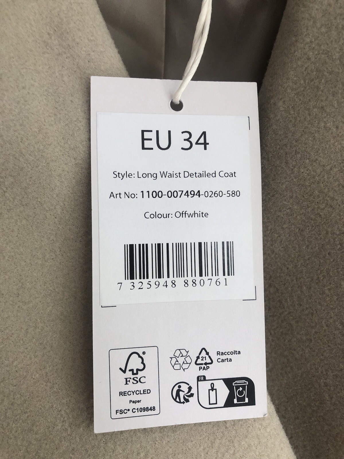 NA-KD Long Waist Detailed Coat – Size EU 34/UK 8-10