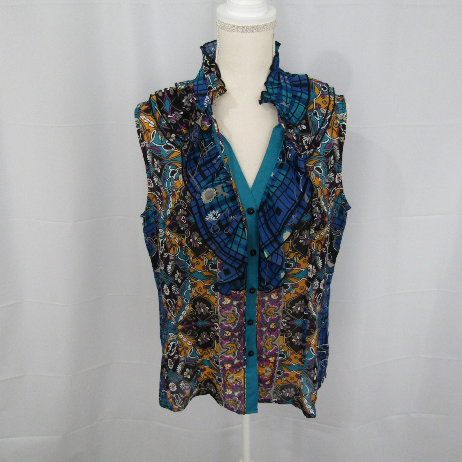 Nicola Shirt Top Blouse Button Up High Neck Womens L Aqua Teal Floral Ruffle