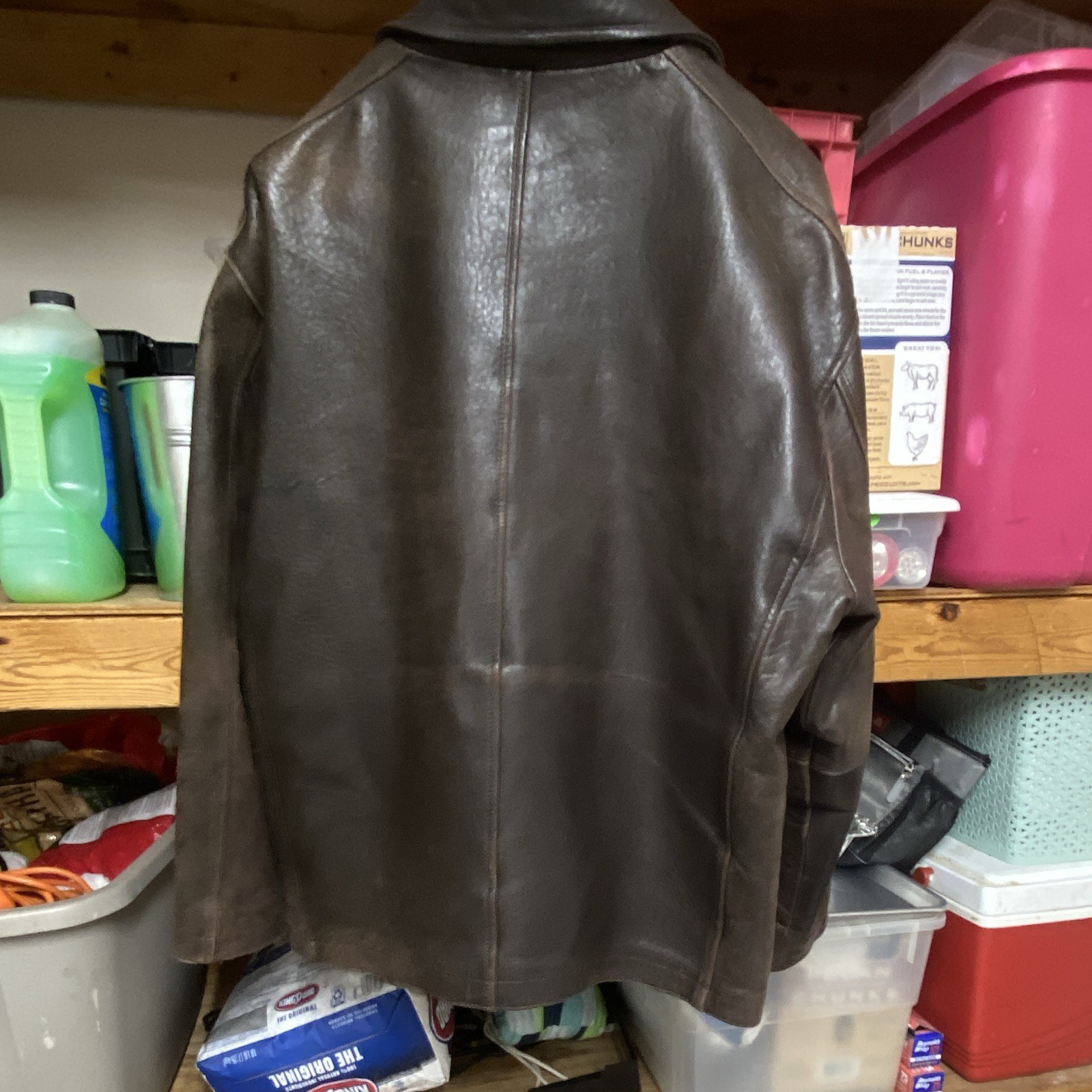 100% Brown Leather Zip-Up Jacket L Collared Short Long Sleeve