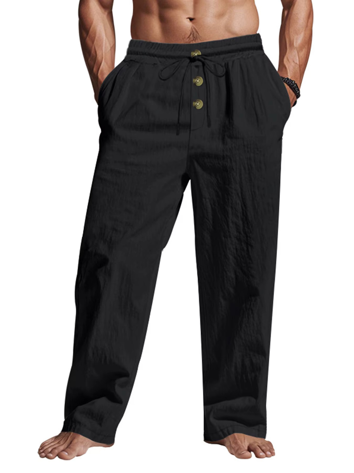Men’s Casual Elastic Waist Summer Solid Beach Pants Straight Trousers Gift
