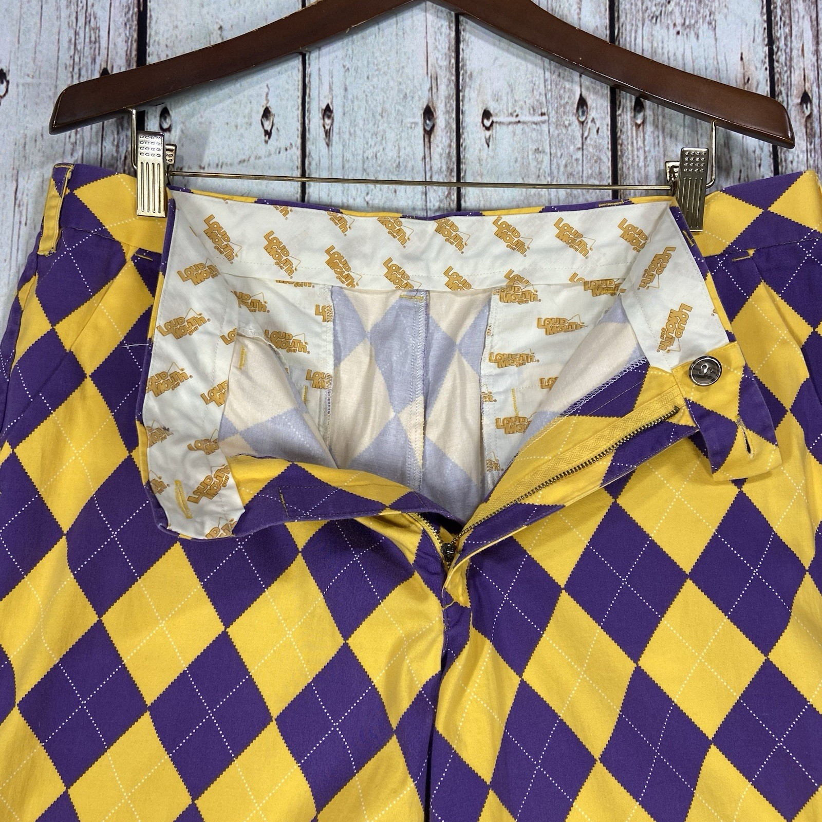 Loudmouth Pants Mens 38 X 32 Yellow Purple Golf Argyle Jester Cotton Checkered
