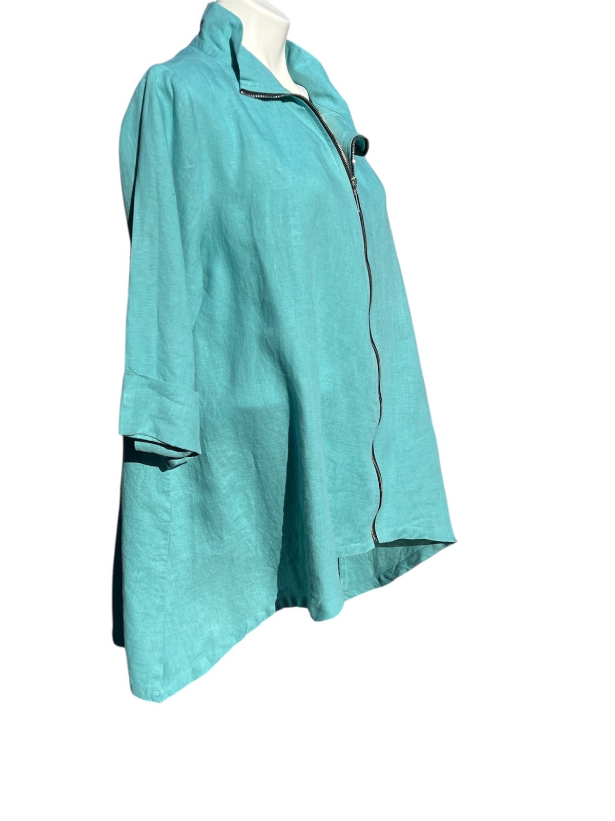 Comfy USA Turquoise Linen Tunic Asymmetrical Zip Front Sz L Jacket 3/4 Sleeve