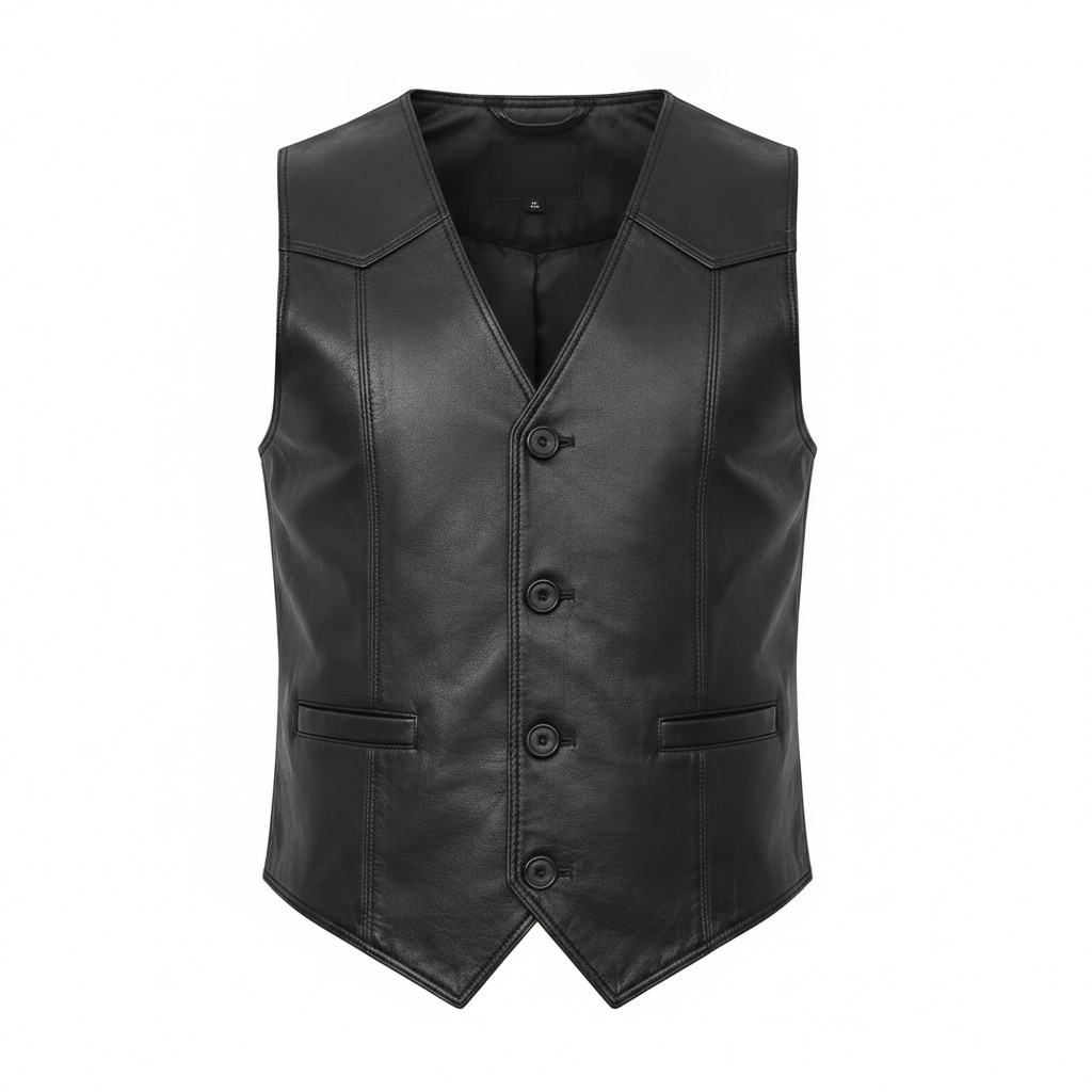 Men’s Black Genuine Leather Vest Western Biker Motorcycle Waistcoat Size XS-4XL
