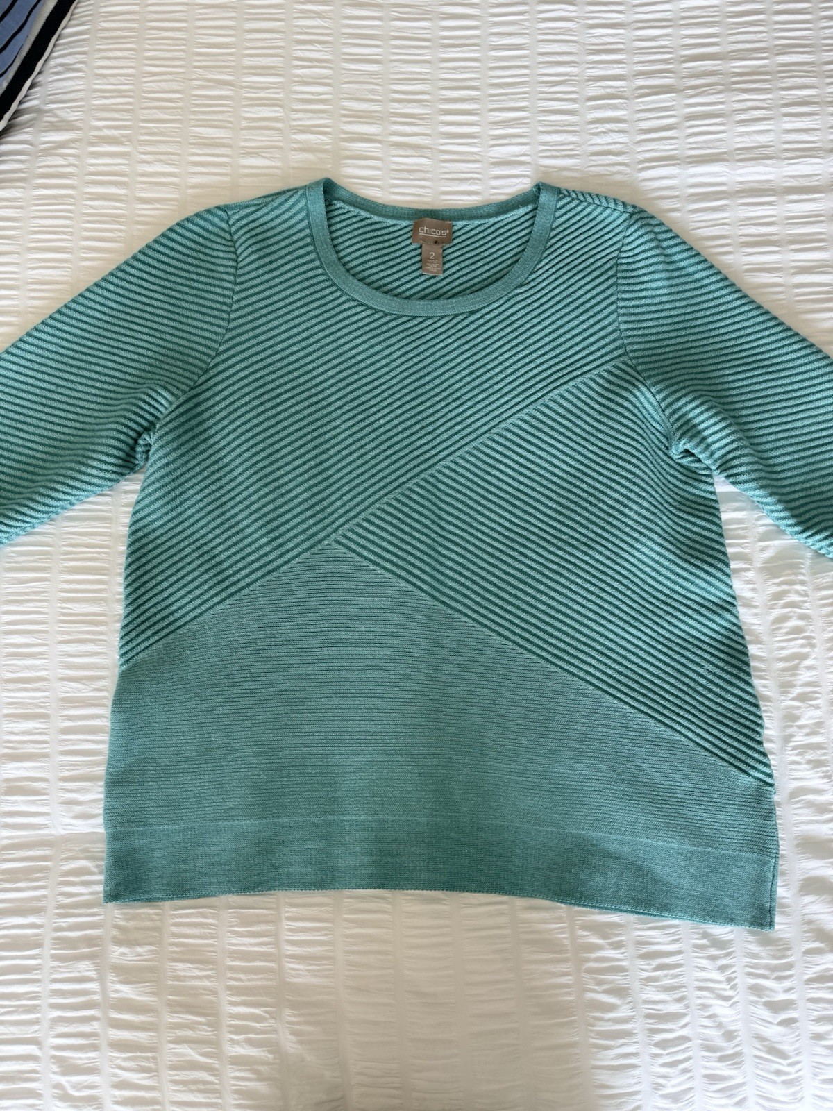 Women’s Chicos Size 2 ( Large) Teal Textured Mid Weight 3/4 Sleeve Sweater EUC