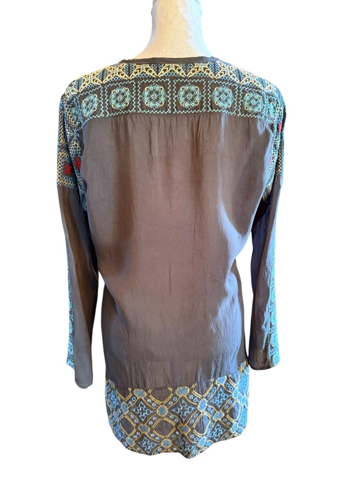 Johnny Was Embroidered Tunic Top Blouse eyelet embroidery Bohemian Cupro Rayon S